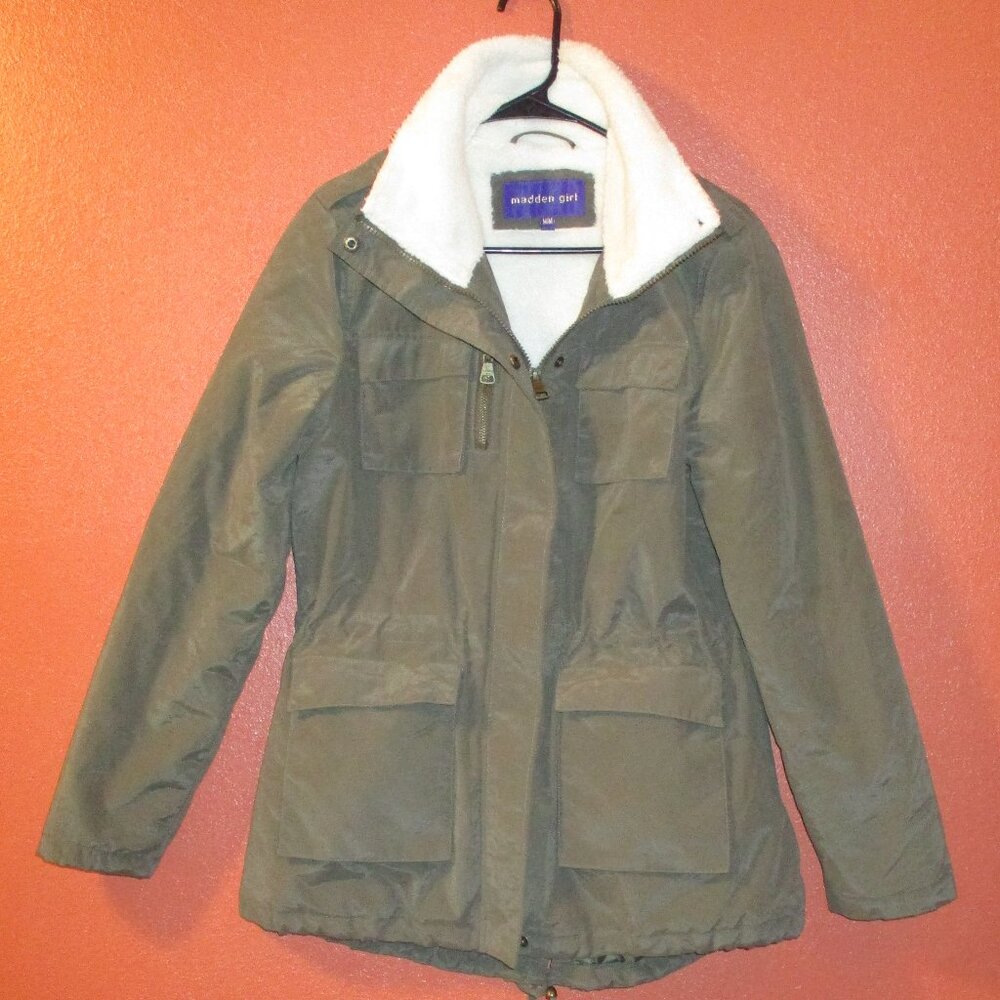Madden Girl Coat Woman Medium Green White Full Zip Pocket Faux Fur Warm Coat